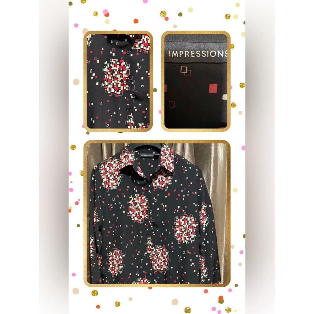 Impressions Black Button-Down Shirt with Red & Cream Geometric Print #1995